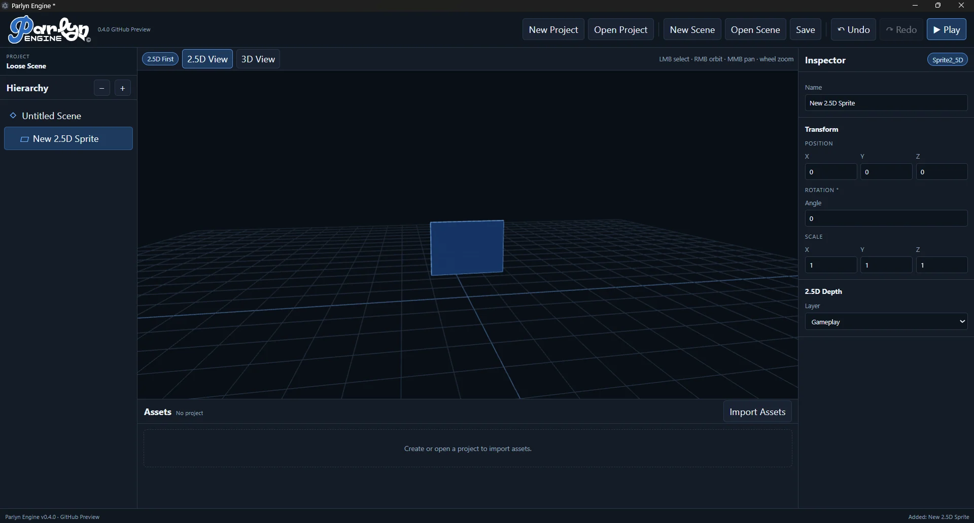 Parlyn 2.5D View with a selected 2.5D sprite node and transform properties