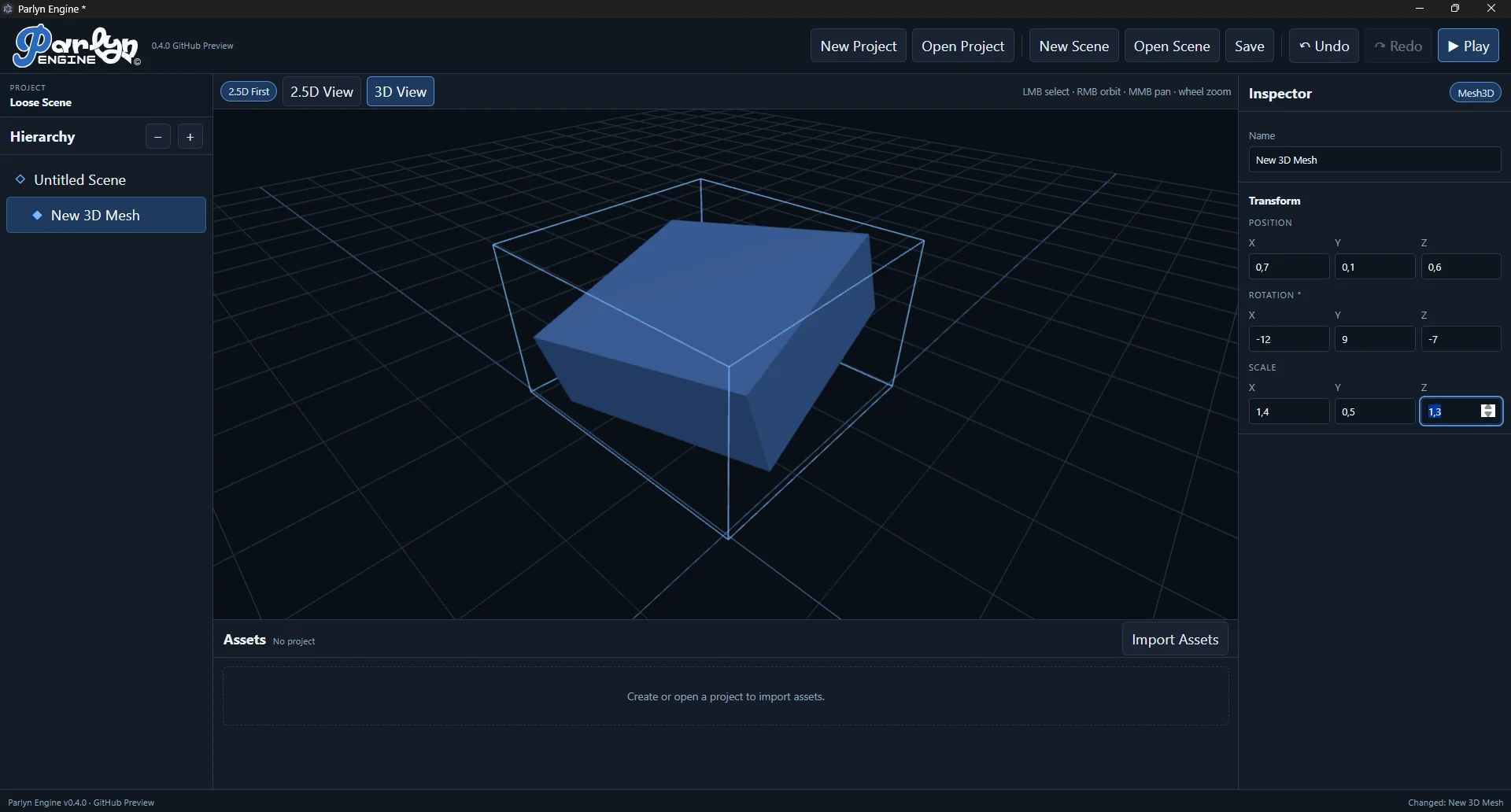 Parlyn Engine 3D View displaying a selected 3D mesh with transform controls in the Inspector