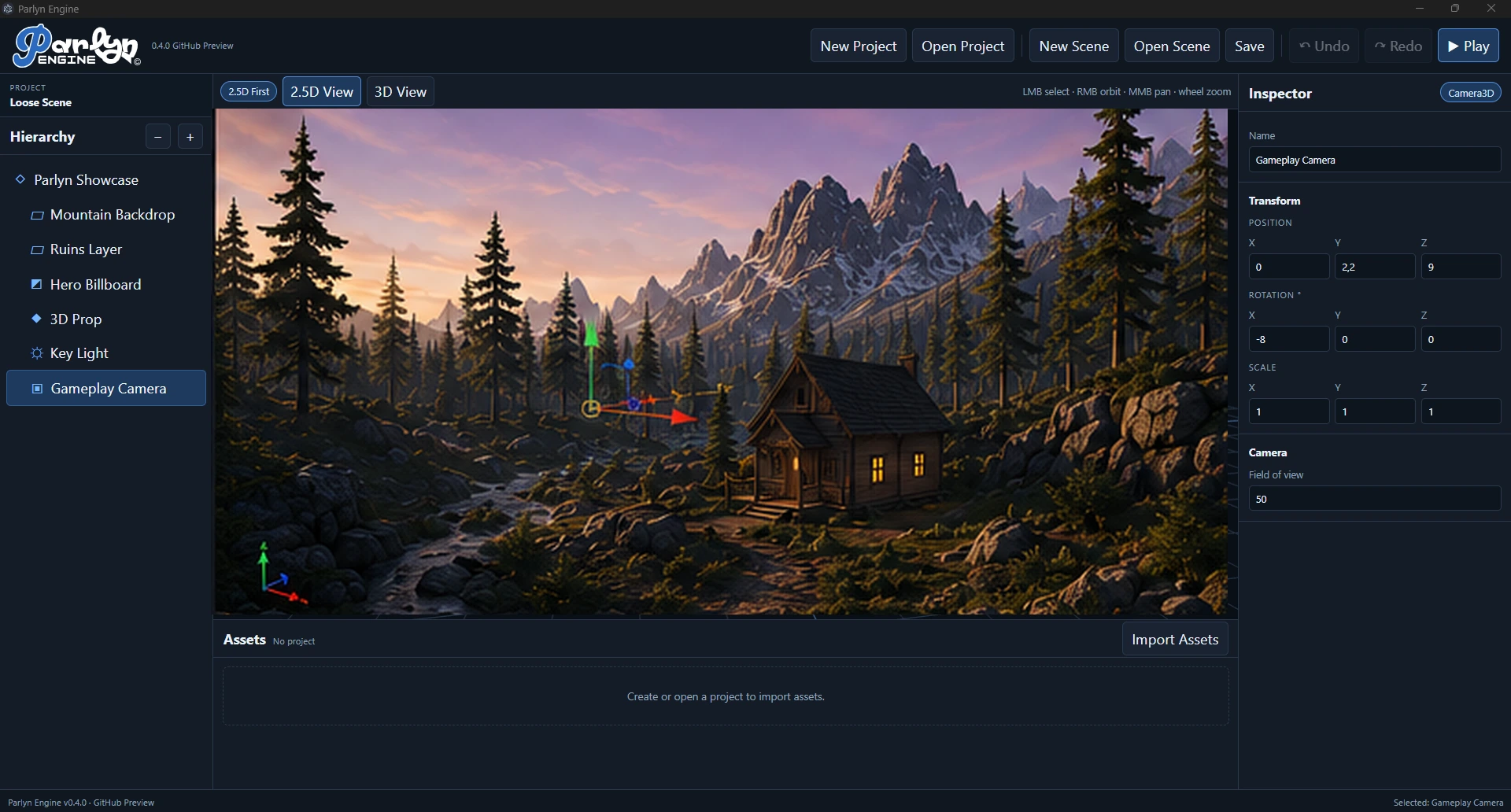Parlyn Engine editor showing a layered mountain environment with 2.5D and 3D elements in the viewport