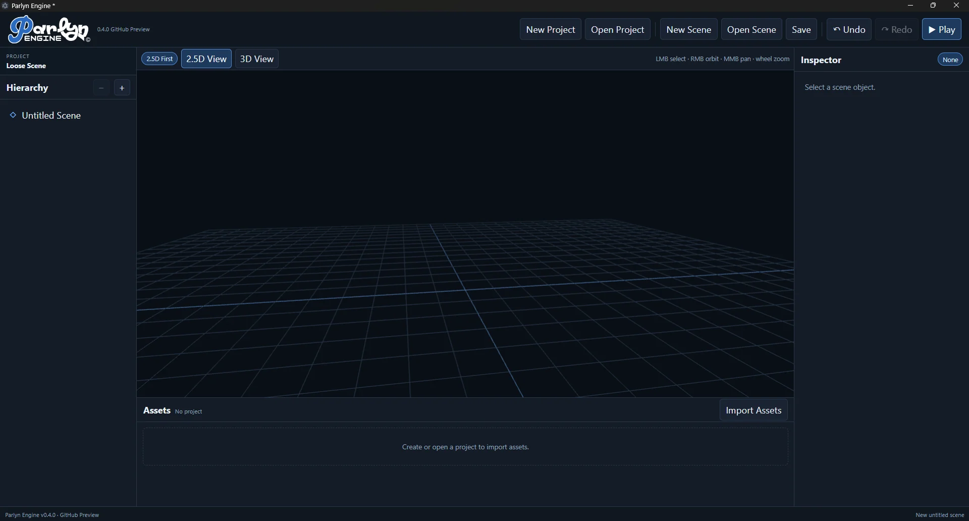 Parlyn editor showing a clean empty scene and viewport grid